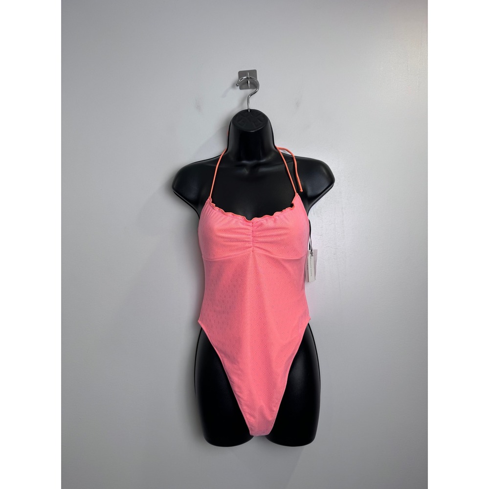 NWT Lovers and Friends Neon Coral Eyelet One Piece Swimsuit Bandeau Halter Small